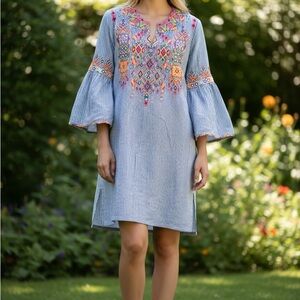 Johnny Was Workshop Blue and white stripe Embroidered Bell Sleeve Tunic Dress